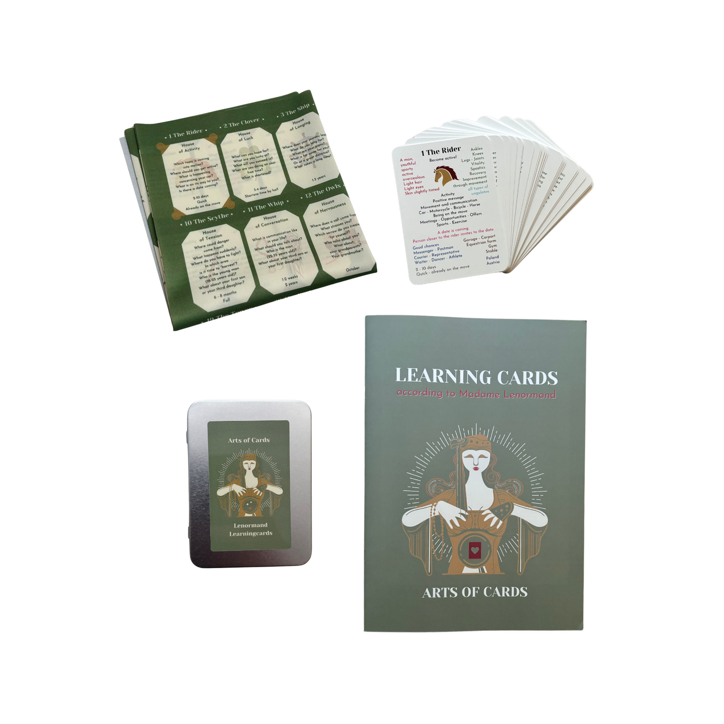 Jeu de cartes d'apprentissage Lenormand avec tableau de maison et instructions pour 4 x 9 lectures de cartes