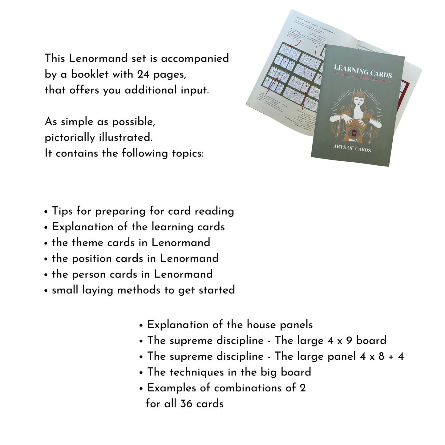 Jeu de cartes d'apprentissage Lenormand avec tableau de maison et instructions pour 4 x 9 lectures de cartes